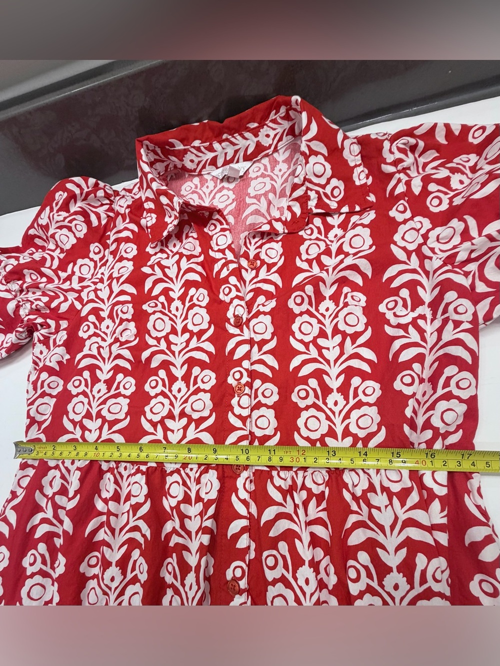 Crown & Ivy Red White Floral Tiered Midi Shirt Dress w/ Pockets Size L - Picture 8 of 9